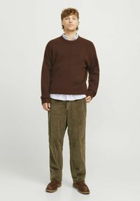 Brown knitted sweater, ribbed cuffs, layered over a light blue shirt. Olive corduroy pants, brown shoes, standing on a neutral background.