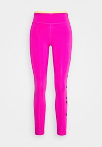 Leggings elastici di un brillante colore rosa, con un alto punto vita e una grafica nera a contrasto sulla gamba sinistra, caratterizzati da una superficie liscia.