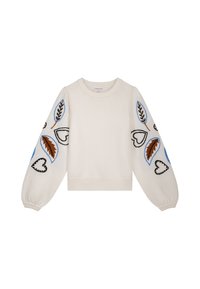 Weißer gestrickter Pullover mit Ballonärmeln, verziert mit bunten Blatt- und Herzstickereien in Blau, Braun und Schwarz an den Ärmeln.