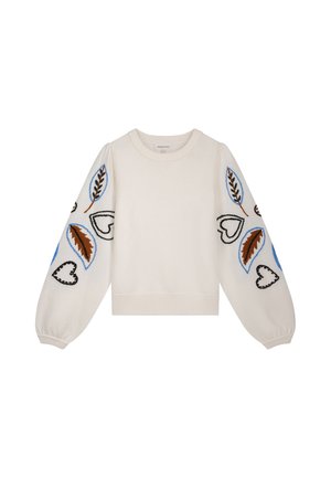 Witte gebreide trui met ballonnenmouwen, met kleurrijke borduursels van bladeren en harten in blauw, bruin en zwart op de mouwen.