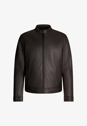 Bruine leren jas met een staande kraag, voorrits en twee zijzakken met rits. Gladde textuur met een minimalistisch ontwerp.