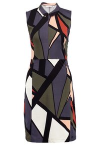 Ärmlös klänning med en figurnära silhuett, som har ett geometriskt mönster i svart, olivgrönt, marinblått, rött, persika och vitt med en krage och dragkedja framtill.