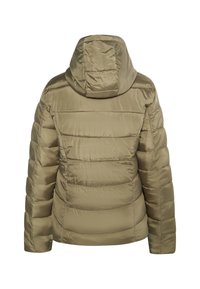 Giacca puffer verde oliva con cappuccio, caratterizzata da sezioni trapuntate e una texture liscia e lucida. Progettata con un taglio dritto e polsini elastici.