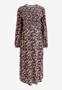 Vestido floral con corsé fruncido y mangas largas. Presenta flores en tonos rosa, azul y verde sobre un fondo oscuro. Largo maxi, fabricado en tejido ligero.