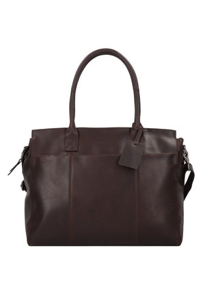 Sac à main en cuir brun avec deux poignées, une sangle amovible et une forme rectangulaire. Présente des coutures minimales et un détail d'étiquette.