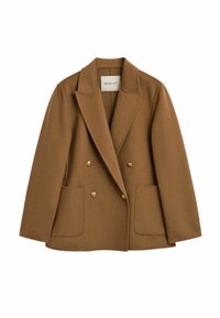 Brauner wolle zweireihiger Blazer mit goldfarbenen Knöpfen, Reverskragen, zwei aufgesetzten Taschen und glatter Textur. Markenetikett innen sichtbar.