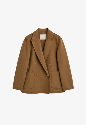 Blazer doppiopetto marrone in lana con bottoni dorati, revers a punta, due tasche a toppa e una texture liscia. Etichetta del marchio visibile all'interno.