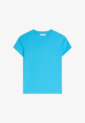 Leuchtend blaues T-Shirt mit kurzen Ärmeln und Rundhalsausschnitt, schlichtes Design, flach liegend mit sichtbarem Etikett im Kragen.