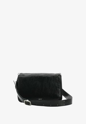 Black leather crossbody bag with a smooth texture, zip closure, and adjustable strap. Features branding on the front and silver-tone hardware.