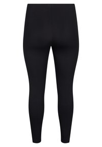 Black leggings with a smooth texture, form-fitting design, and elastic waistband. No visible seams or patterns. Suitable for various activities.