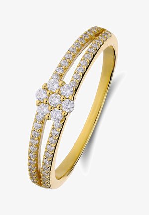 Gold ring with split band featuring rows of small diamonds and a cluster of round diamonds forming a flower shape at the center.