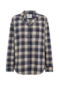 Rutig knap-shirt i navy og beige, lavet af blødt stof. Har en spids krave, en forlommer og kontrasterende kantning langs kanterne.