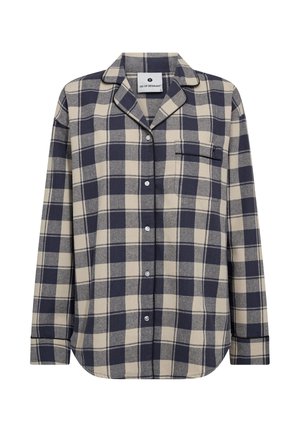 Rutig knap-shirt i navy og beige, lavet af blødt stof. Har en spids krave, en forlommer og kontrasterende kantning langs kanterne.