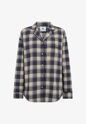 Plaid button-up shirt in navy and beige, made of soft fabric. Features a notched collar, front pocket, and contrasting trim along the edges.
