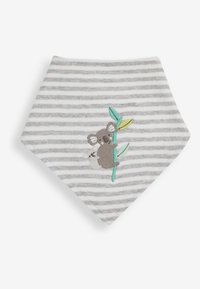 Szaro-paskowy bandana śliniak z haftem przedstawiającym koalę i gałąź. Materiał bawełniany, w kształcie heksagonu, o miękkiej fakturze i zabawnym wzorze.