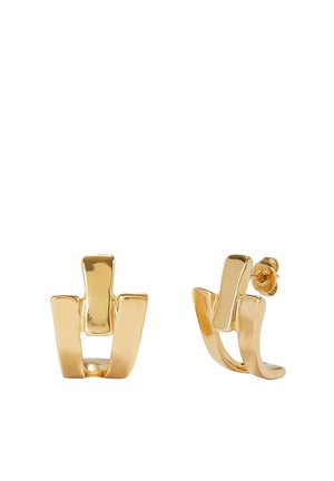 Pendientes de botón geométricos abstractos en tono dorado con acabado pulido, mostrando vistas frontal y lateral sobre un fondo blanco.