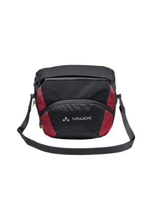 Borsa a tracolla nera e rossa in tessuto testurizzato, con chiusura con zip, tracolla regolabile e logo sulla parte anteriore.