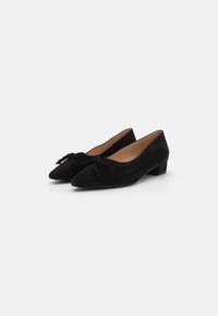 Black suede low-heeled shoes with a pointed toe and decorative bow detail on the front. Smooth inner lining and minimal design.