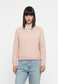 Maglione a maglia morbida di un delicato rosa chiaro, con collo rotondo e orlo a costine. Indossato sopra una camicia con colletto a righe verticali. Fit casual.