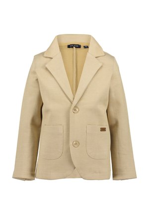 Beżowa dziecięca marynarka z wyłogami z wcięciem, dwoma przednimi kieszeniami, dwoma guzikami oraz małą metką marki na prawej kieszeni.