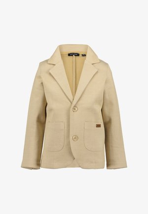 Blazer beige per bambini con rever a incavo, due tasche frontali, due bottoni e una piccola etichetta del marchio sulla tasca destra.