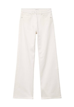 Jean blanc taille haute à jambes larges avec bouton frontal, passants pour ceinture et poches avant, présenté sur un fond blanc uni.