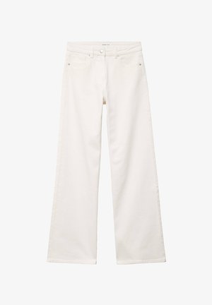 Vaqueros blancos de tiro alto y pierna ancha con botones delanteros, trabillas para cinturón y bolsillos delanteros, exhibidos sobre un fondo blanco liso.