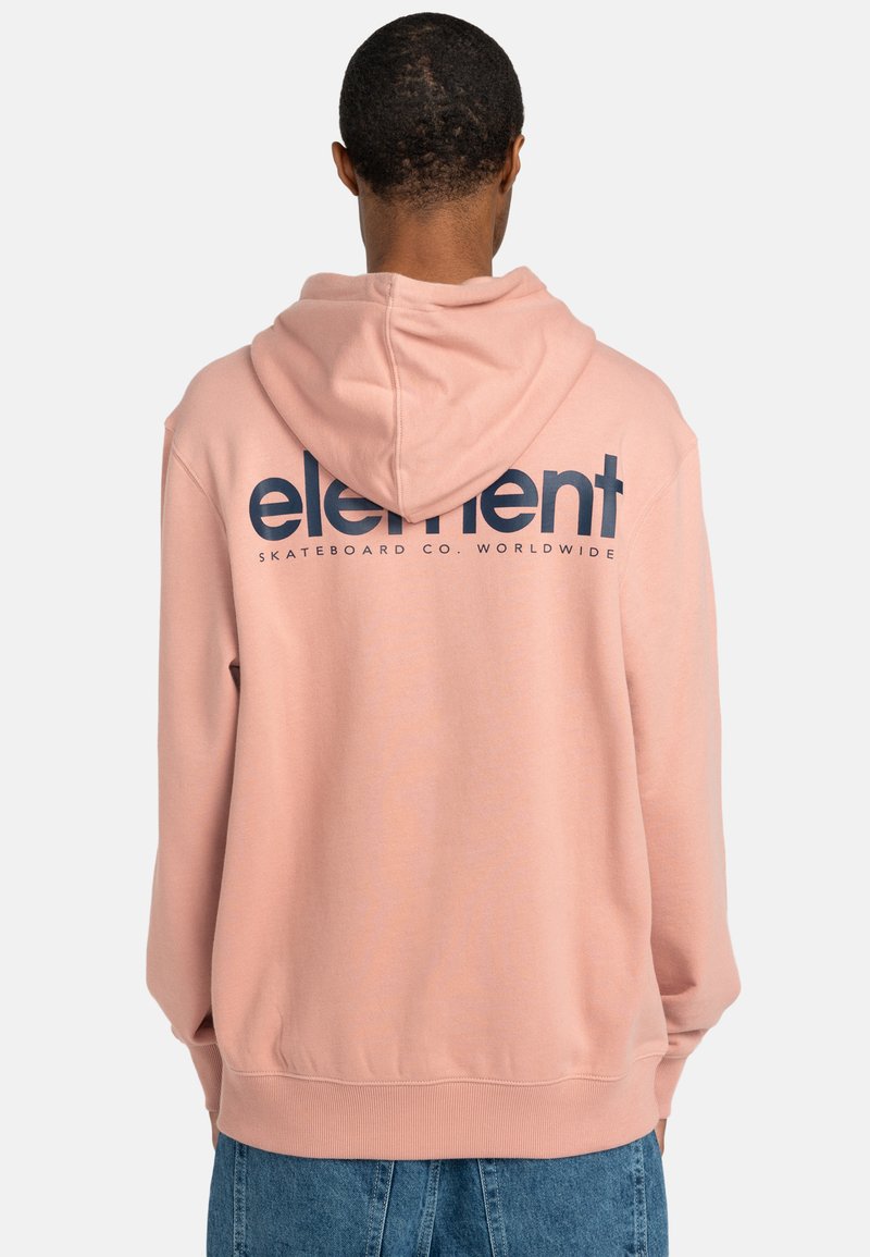 Felpa rosa chiaro con tasca a marsupio, caratterizzata da un logo "element" blu navy sulla schiena. Tessuto morbido e vestibilità regolare.
