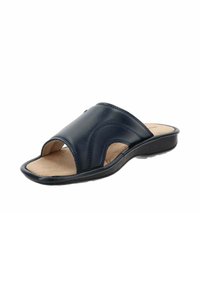 Sandaletta blu navy con design a punta aperta, realizzata in pelle liscia e con una soletta in pelle testurizzata color tan. Presenta una suola in gomma morbida e flessibile.