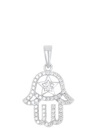Ciondolo Hamsa in argento con un intricato design intagliato, adornato da cristalli trasparenti scintillanti, superficie liscia e anello per attacco.