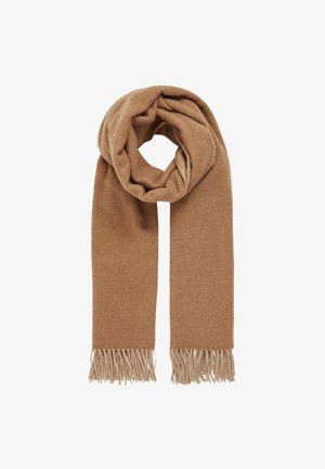 Lysebrun uldhalstørklæde med frynser for enderne, foldet i en løkke med begge ender hængende ned jævnt.