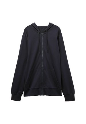 Černá mikina na zip s prostornou klokaní kapsou, kapucí na šňůrky a pružnými manžetami. Vyrobena z měkkého a pohodlného materiálu.