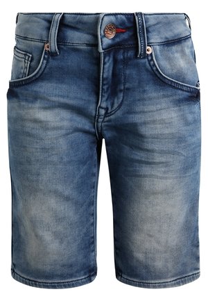 Blauwe denim shorts met voorzakken, riemlussen, knoopsluiting en vervaagde wassingdetails.