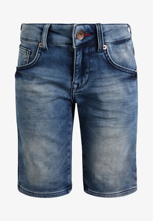Niebieskie szorty dżinsowe z przednimi kieszeniami, szlufkami na pasek, zapięciem na guzik oraz efektem sprania.