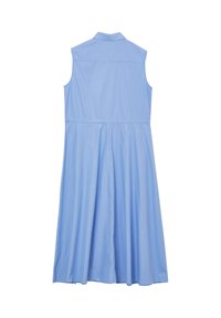 Abito senza maniche di colore azzurro chiaro con colletto. Presenta un punto vita aderente, gonna svasata e una texture di tessuto liscia, adatta per l'abbigliamento casual.