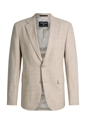 Beiger Herrenblazer mit zwei Knöpfen, Revers mit Kerbe, Pattentaschen und gemustertem grauem Innenfutter, entworfen von Strellson.