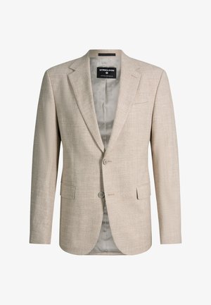 Beiger Herrenblazer mit zwei Knöpfen, Revers mit Kerbe, Pattentaschen und gemustertem grauem Innenfutter, entworfen von Strellson.