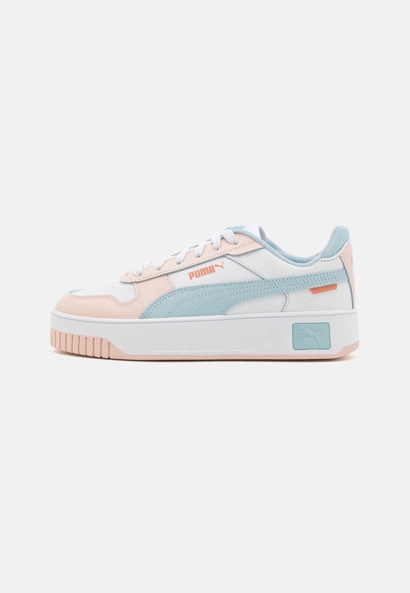 Baskets Puma blanches, pêche et bleu clair avec une épaisse semelle blanche, logo Puma sur le côté et une bande bleu clair le long du panneau latéral.
