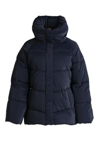 Marineblauwe gewatteerde jas met een hoge kraag, geborduurd ontwerp en lange mouwen. De stof lijkt glad en geïsoleerd.