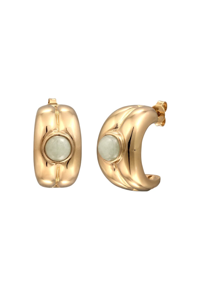 Goldfarbene Creolen mit einem glatten, abgerundeten Design. Jede Ohrringe verfügt über einen zentralen, runden, opaken Stein, der Dimension und Textur hinzufügt.