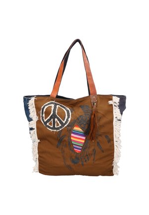 Sac fourre-tout en tissu marron avec poignées en cuir, accents à franges, motif du signe de la paix et détail rayé coloré sur l'ouverture avant.