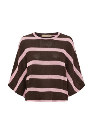 Løsstrikket sweater med brede pink og mørkebrune vandrette striber og en rund udskæring.