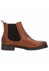 Botín Chelsea de cuero marrón con paneles elásticos, punta redonda y tacón bajo apilado. Acentos texturizados en negro en los lados que realzan el diseño.