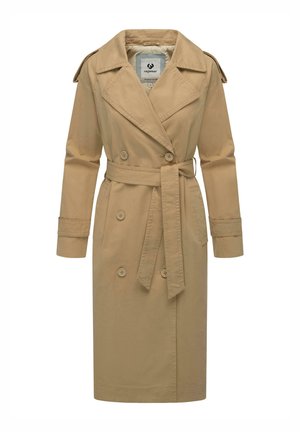 Béžový trenčkot s dvouřadým zapínáním, širokým límcem a látkovým páskem. Obsahuje knoflíkové detaily a dlouhé rukávy s manžetovými detaily.