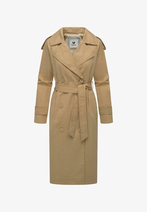 Béžový trenčkot s dvouřadým zapínáním, širokým límcem a látkovým páskem. Obsahuje knoflíkové detaily a dlouhé rukávy s manžetovými detaily.