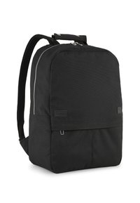 Zaino nero realizzato in tessuto resistente, con forma rettangolare, scomparto principale con zip, tasca frontale e spallacci regolabili.