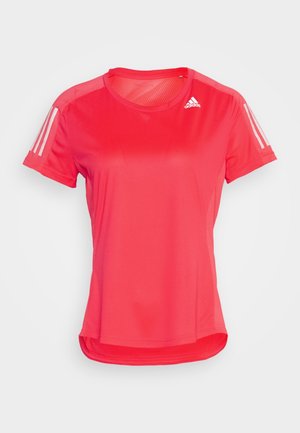 Hellrotes Adidas kurzärmeliges Sportshirt mit weißen Drei-Streifen-Details an den Ärmeln und kleinem Adidas-Logo auf der Brust.