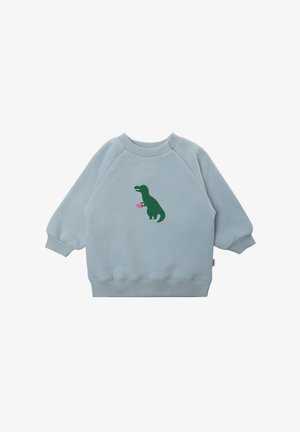 Light blue sweatshirt with raglan sleeves, featuring a green dinosaur graphic holding a pink heart on the front. Fleece material, soft texture.