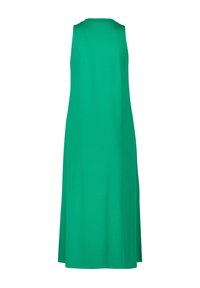 Robe longue verte sans manches avec un col montant et une coupe ample et fluide sur fond blanc.