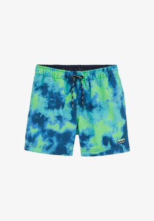 Bunte Schwimmshorts mit einem Batikmuster in Blau und Grün, ausgestattet mit einem elastischen Bund und einem Kordelzug zur Anpassung.